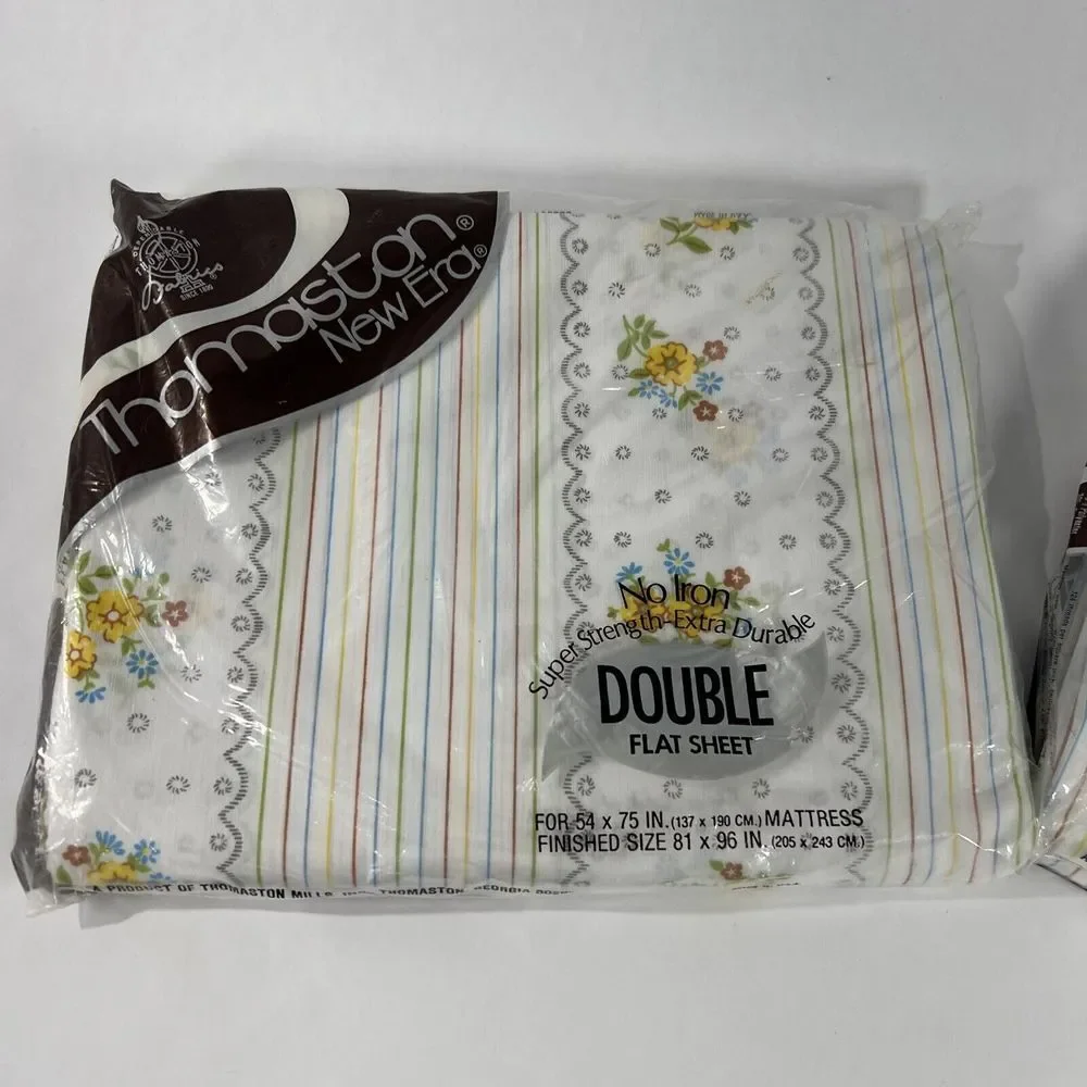 New VTG THOMASTON‎ NEW ERA No Iron Double Fitted Flat Sheet Striped Floral 54x75